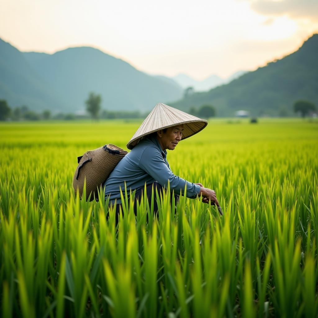 Hình ảnh người nông dân đang cần mẫn làm việc trên cánh đồng lúa xanh tại xã Đại Đình, Phú Thọ.