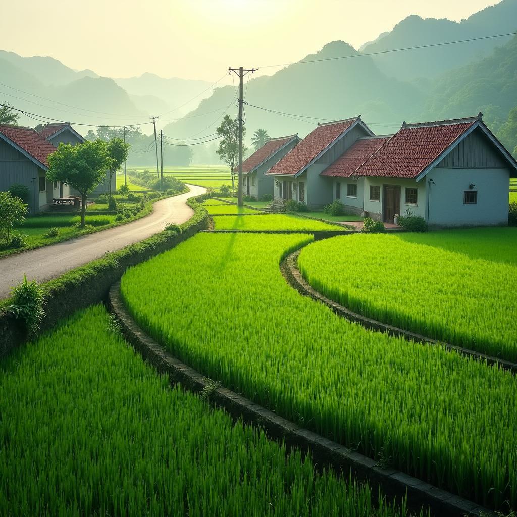 Khung cảnh làng quê yên bình tại xã Hiệp Hoà, Bắc Ninh với cánh đồng lúa và ngôi nhà mái ngói cổ kính