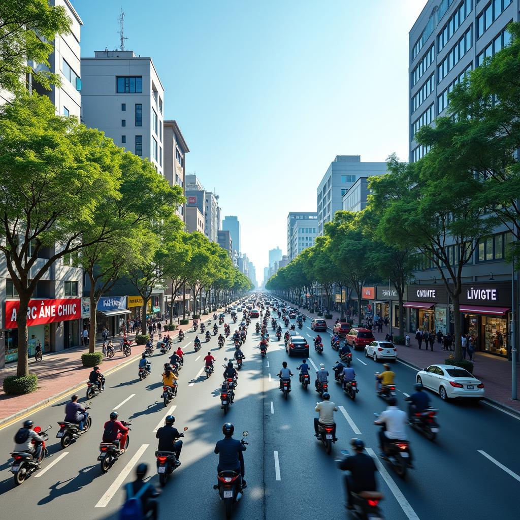 Hình ảnh toàn cảnh Ngã tư Chợ Đình sầm uất với nhiều phương tiện giao thông trên Đại lộ Bình Dương.