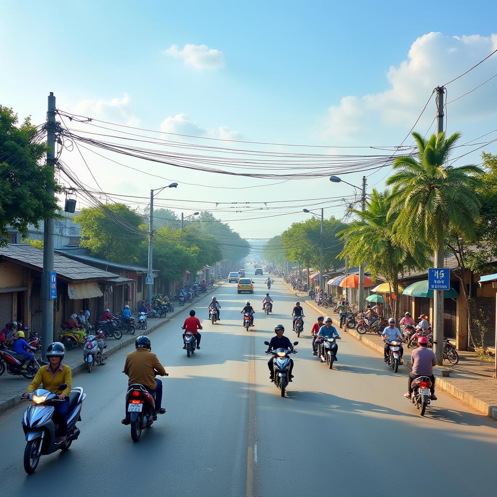 Toàn cảnh Ngã tư Gia Lễ, xã Đồng Mỹ, Đông Hưng, Thái Bình với dòng xe cộ tấp nập qua lại trên đường tỉnh 396B.