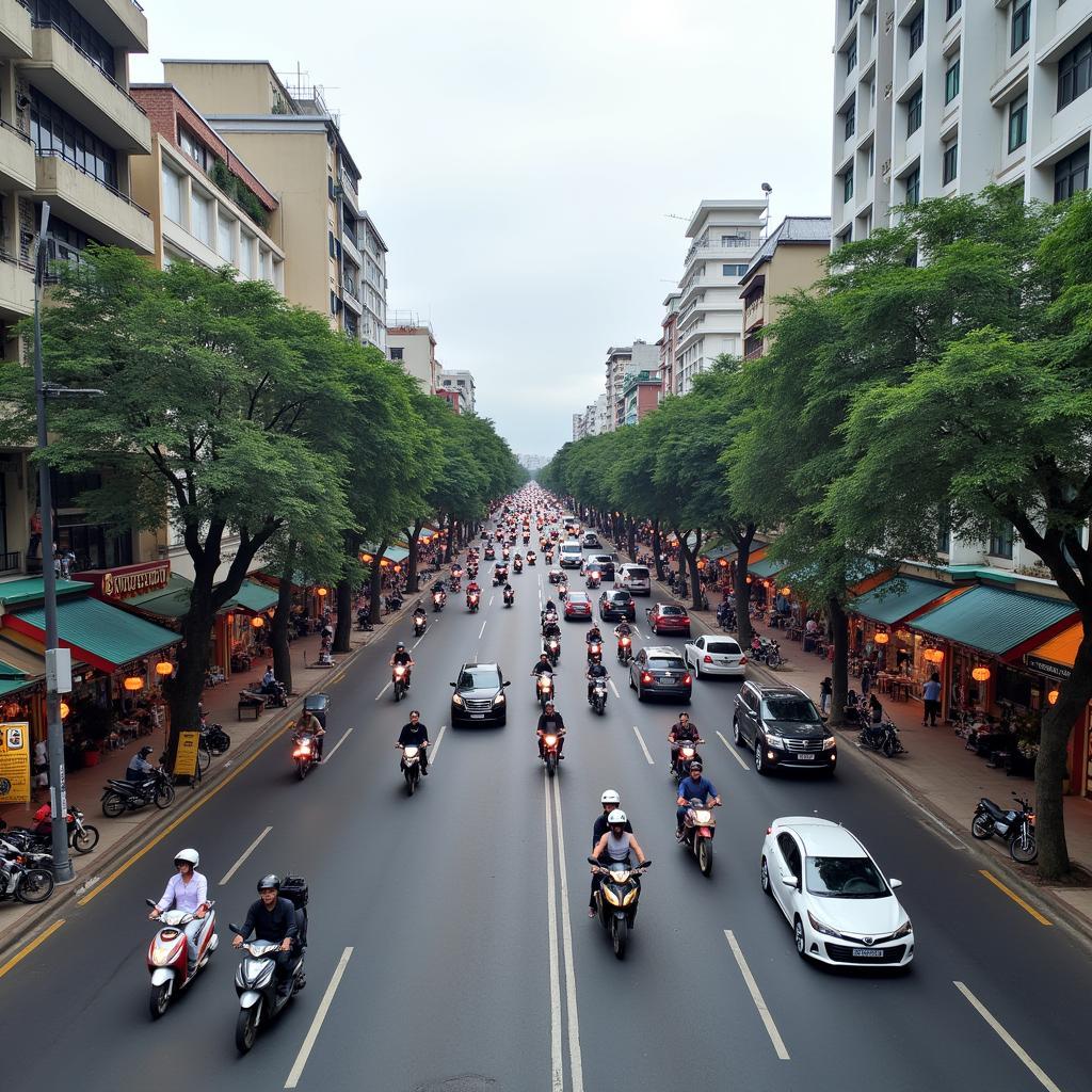 Hình ảnh Ngã tư Hòa Lợi sầm uất tại phường Hòa Lợi, Bến Cát, Bình Dương vào giờ tan tầm với nhiều phương tiện giao thông