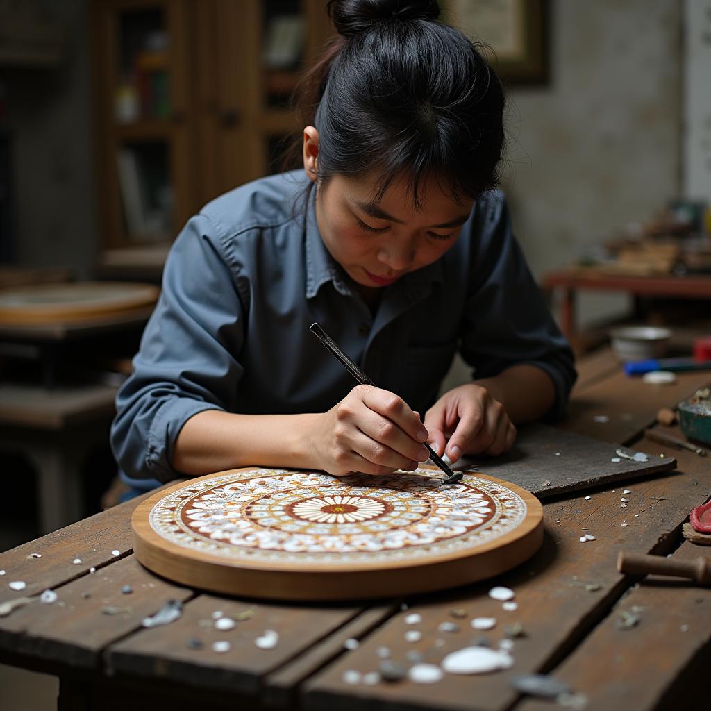 Người thợ đang làm khảm trai tại một xưởng ở Huyện Phú Xuyên
