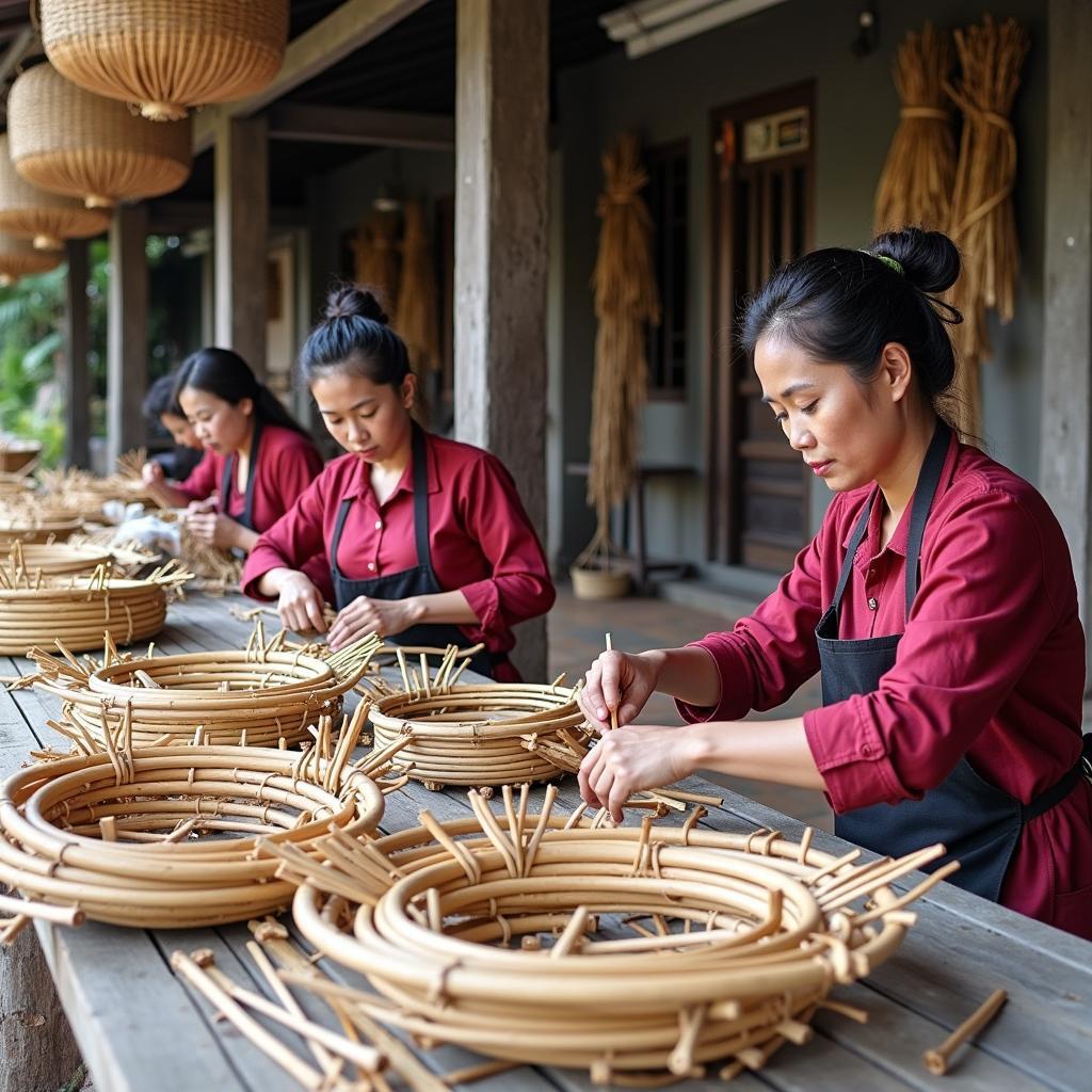 Người dân Huyện Chương Mỹ đang làm nghề mây tre đan truyền thống với sự khéo léo tỉ mỉ