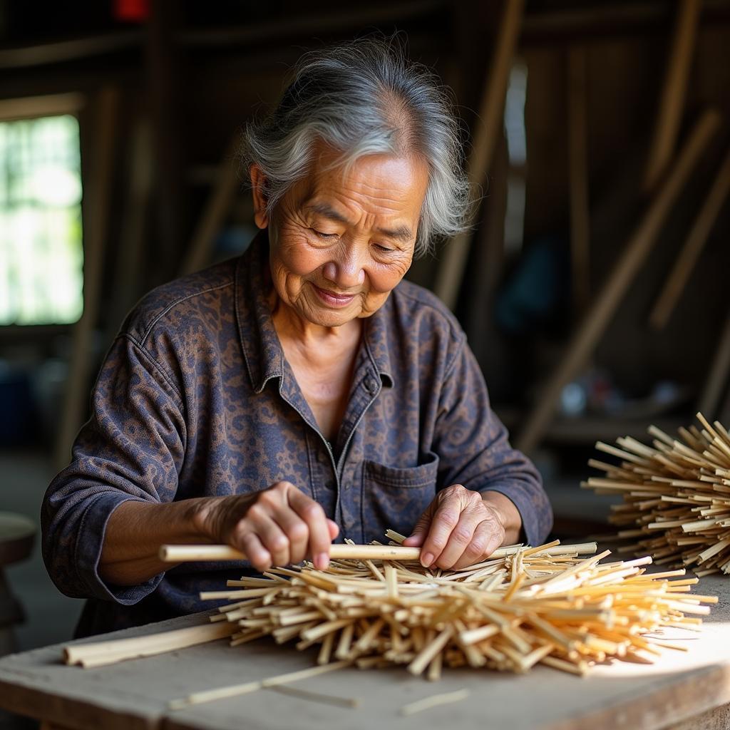 Một nghệ nhân lớn tuổi tại xã Tam Nông, tỉnh Phú Thọ đang tập trung vào công việc đan lát một sản phẩm thủ công tinh xảo