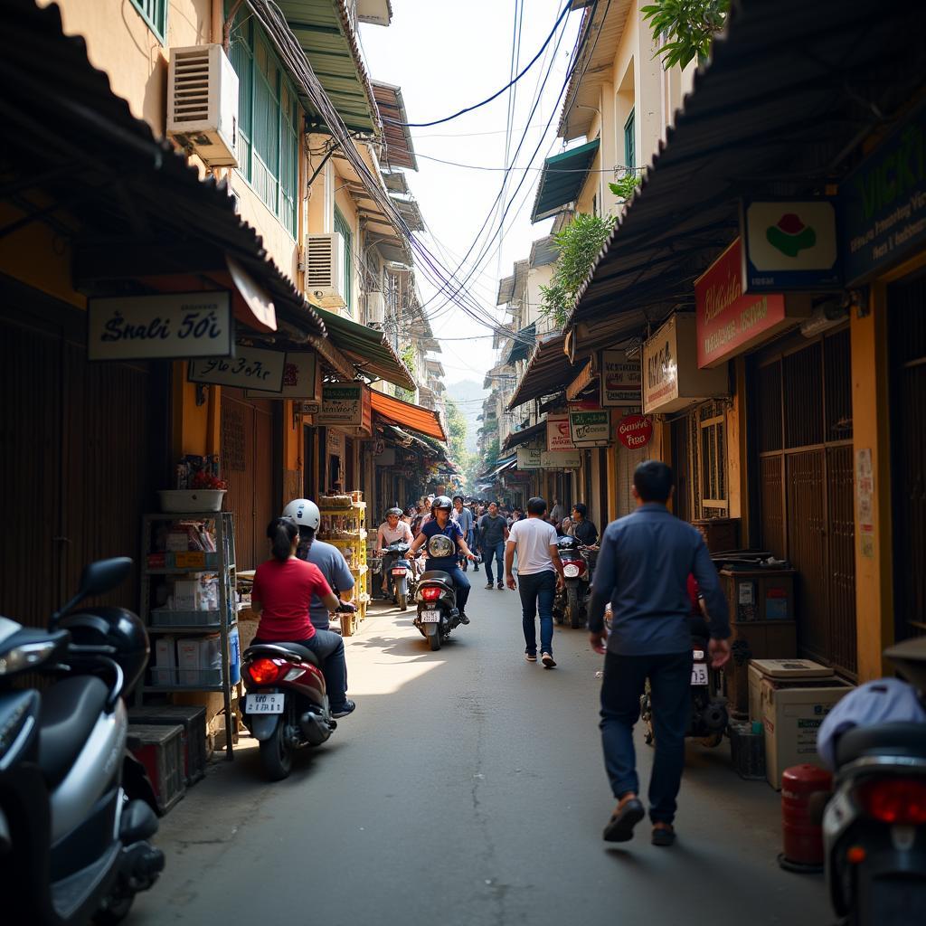 Canh nhon nhip cua ngo 106 Hoang Quoc Viet voi nhieu cua hang va nha o.