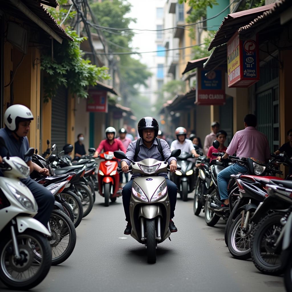 Cảnh người dân di chuyển bằng xe máy trong Ngõ 170 Hoàng Ngân đông đúc, chật hẹp