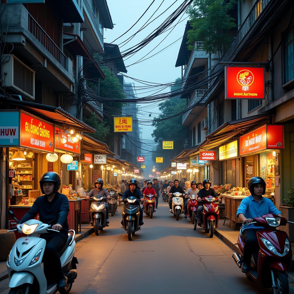 Khung cảnh tấp nập tại Ngõ 180 Đình Thôn với các nhà hàng ẩm thực Hàn Quốc đặc trưng ở Mỹ Đình, Hà Nội.