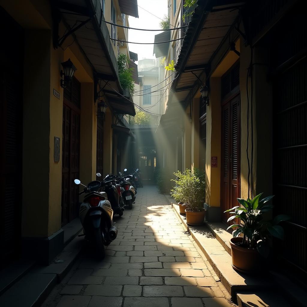 Bên trong Ngõ Linh Quang, quận Đống Đa, Hà Nội với không gian yên tĩnh và kiến trúc nhà ở đặc trưng.