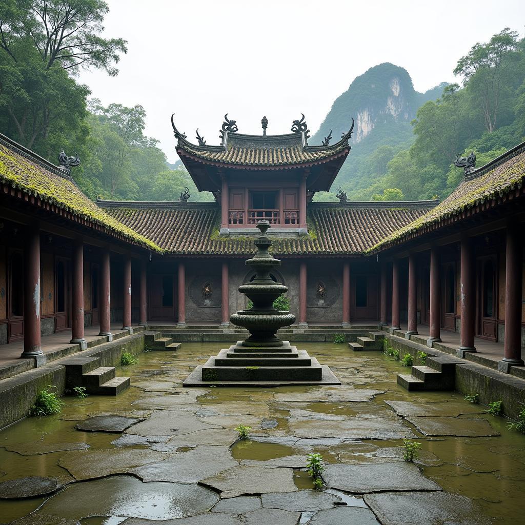 Hinh anh mot ngoi chua co kinh tai khu vuc Xa Luc Ngan, Bac Ninh, voi mai ngoi reu phong va san chua yen tinh
