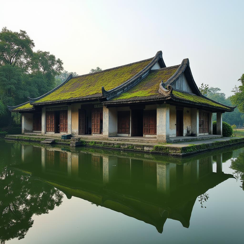 Ngôi đình làng cổ kính tại xã Đông Hưng, tỉnh Hưng Yên soi bóng xuống mặt hồ tĩnh lặng buổi chiều tà