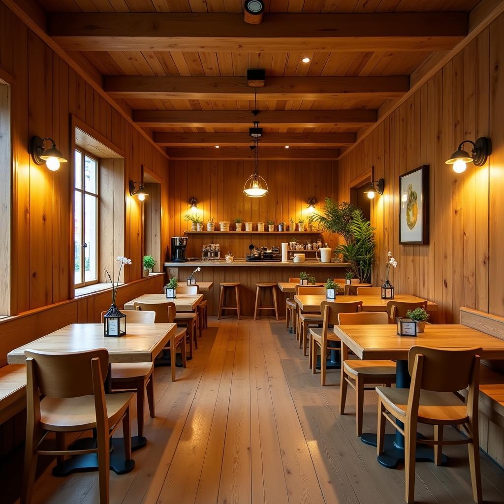 Nội thất gỗ ấm cúng bên trong quán Ngôi Nhà Gỗ Café tại Thủ Đức Linh Đông