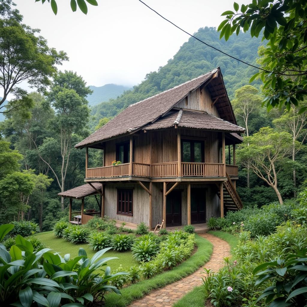 Một ngôi nhà sàn truyền thống của người Mường tại xã Lai Đồng, ẩn mình giữa vườn cây xanh tươi, thể hiện nét văn hóa kiến trúc độc đáo