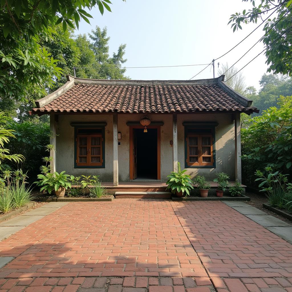 Một ngôi nhà cấp bốn truyền thống của người dân tại xã Đà Bắc, tỉnh Phú Thọ, với khoảng sân gạch và cây cối xung quanh