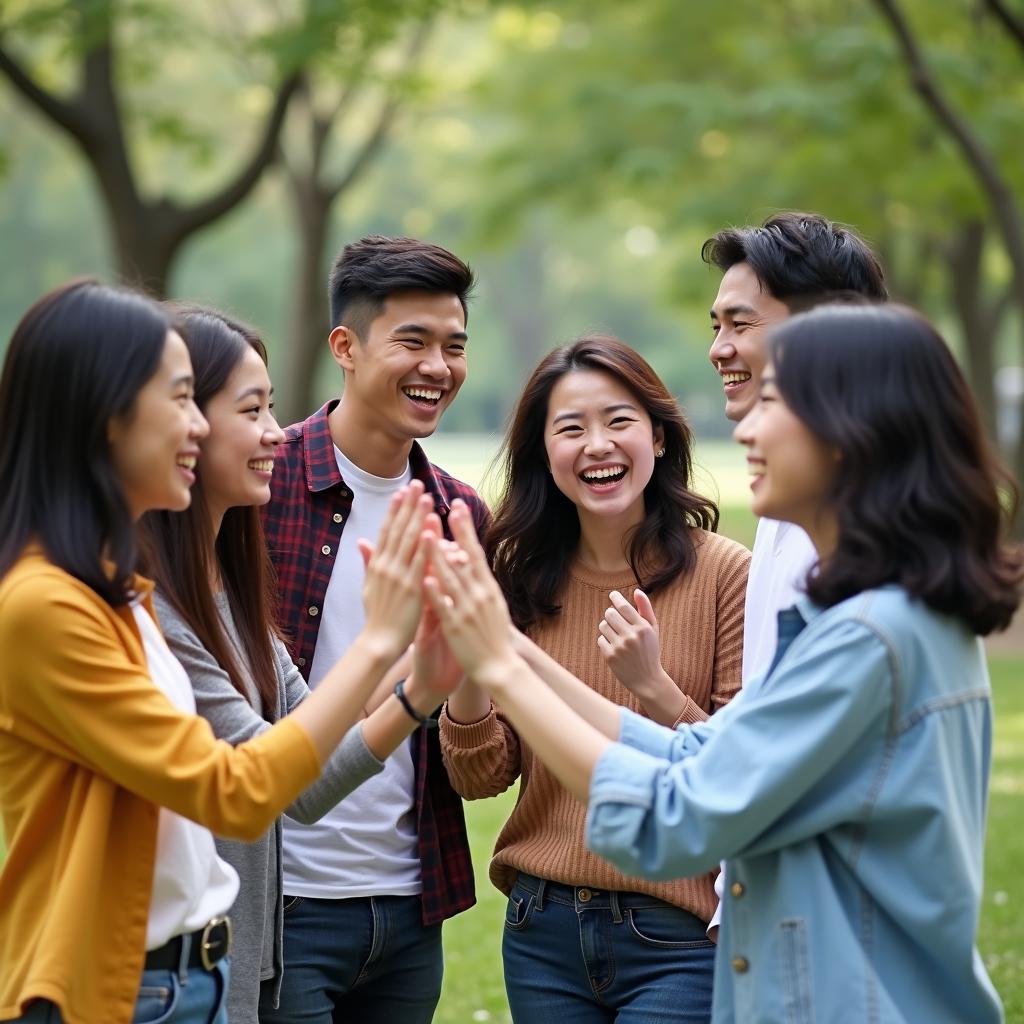 Ngôn ngữ cơ thể phù hợp của đôi bạn thân khác giới khi đi chơi cùng nhóm bạn, giữ khoảng cách và tương tác tự nhiên.