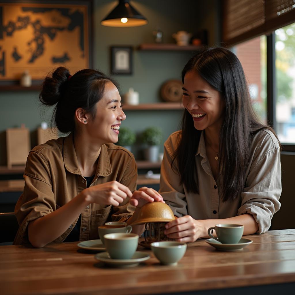 Một người bạn bản địa đang nhiệt tình hướng dẫn văn hóa địa phương cho du khách quốc tế trong một không gian ấm cúng.