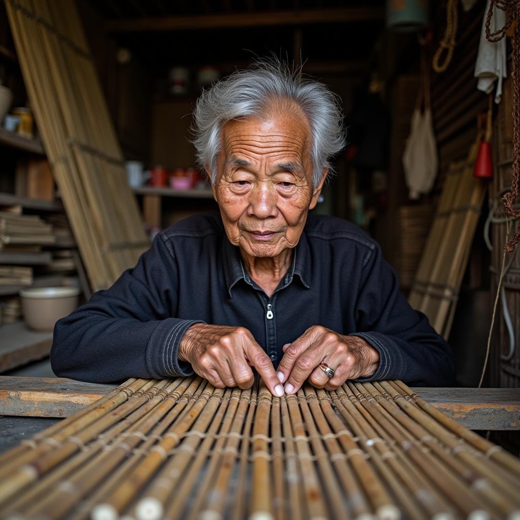 Một người thợ thủ công lớn tuổi ở Xã Bình Giang, Tỉnh Hà Nam đang tỉ mỉ đan một sản phẩm từ mây tre