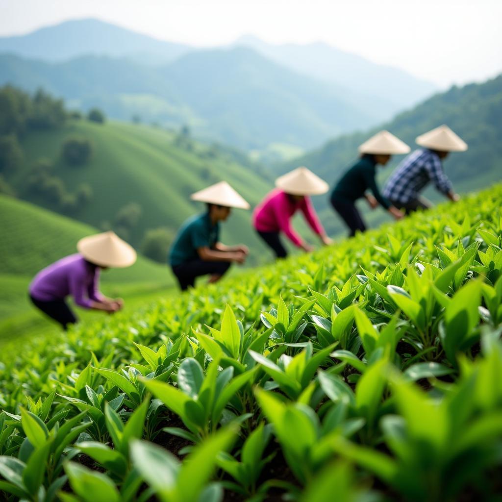 Cận cảnh những người nông dân tại xã Bình Phú tỉnh Phú Thọ đang thu hoạch lá chè xanh tươi trên đồi, thể hiện nét đẹp lao động