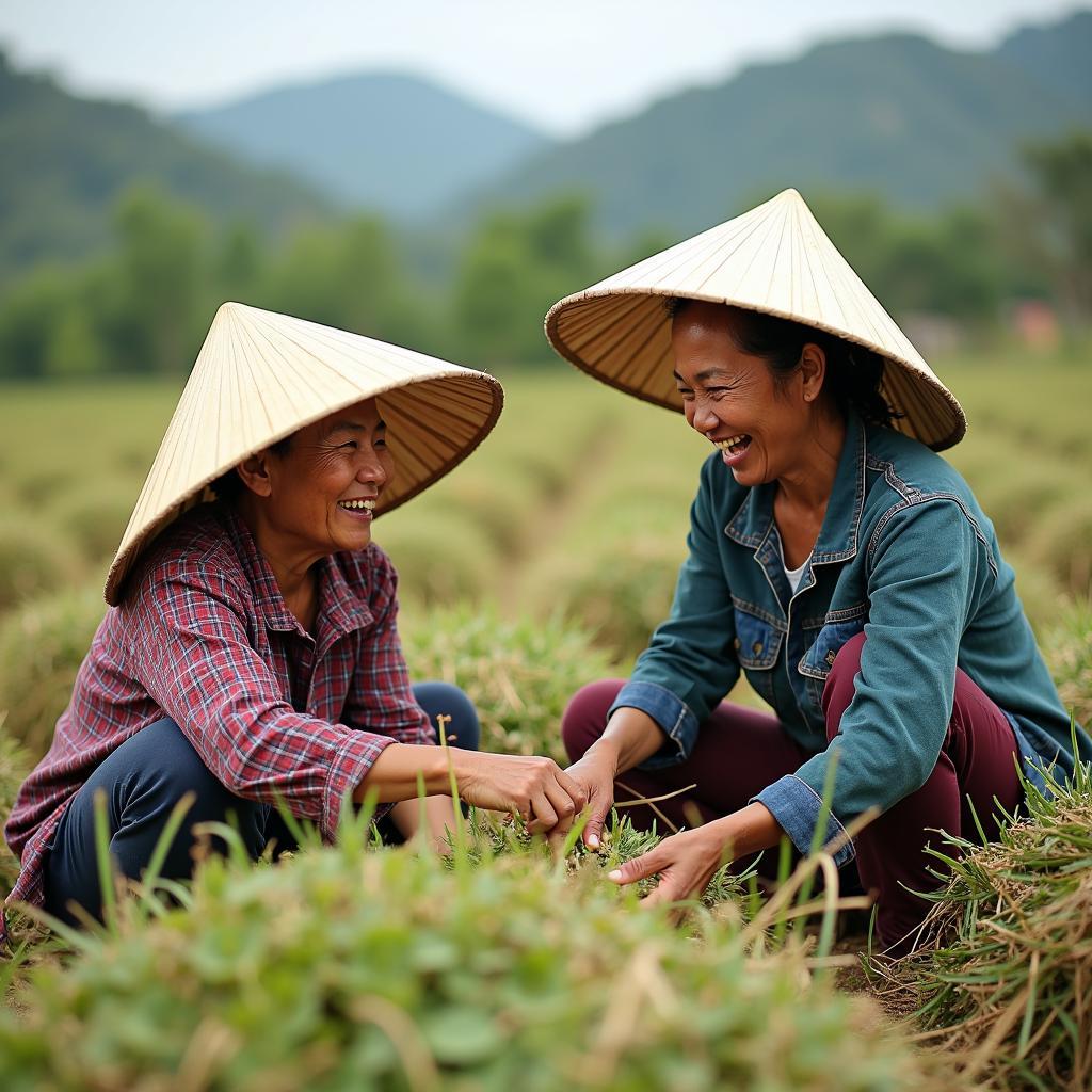 Hình ảnh người dân xã Bố Hạ đang vui vẻ thu hoạch nông sản trên cánh đồng, phản ánh cuộc sống bình dị và gần gũi với thiên nhiên.