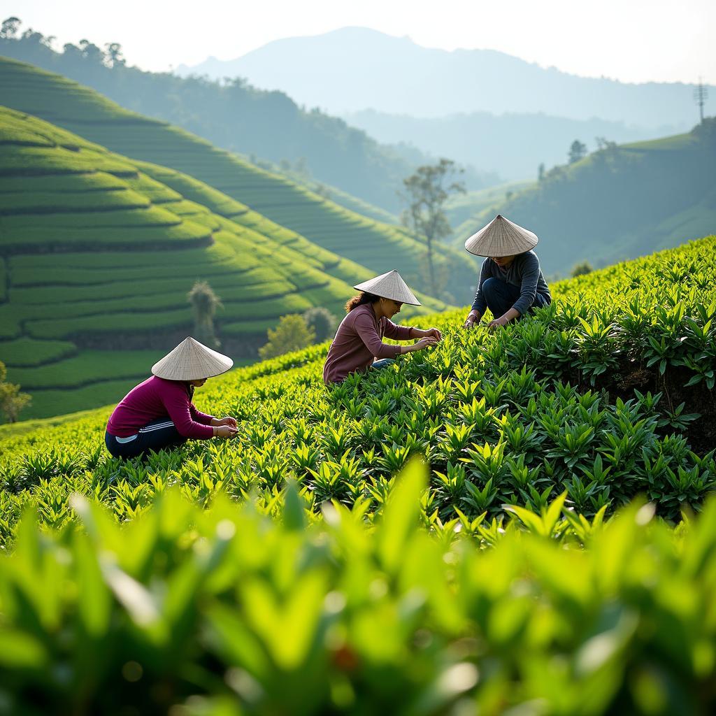 Người dân Xã Ngân Sơn, Thái Nguyên đang chăm sóc hoặc thu hoạch lá chè xanh trên nương đồi.