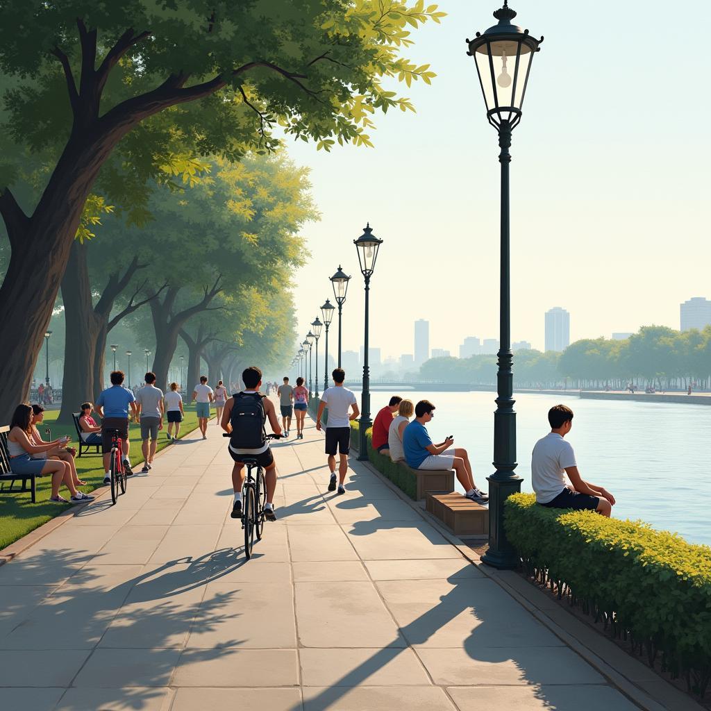 Nguoi dan di dao, dap xe ngam canh ben Ho Tay tai pho Nhat Chieu, Ha Noi.
