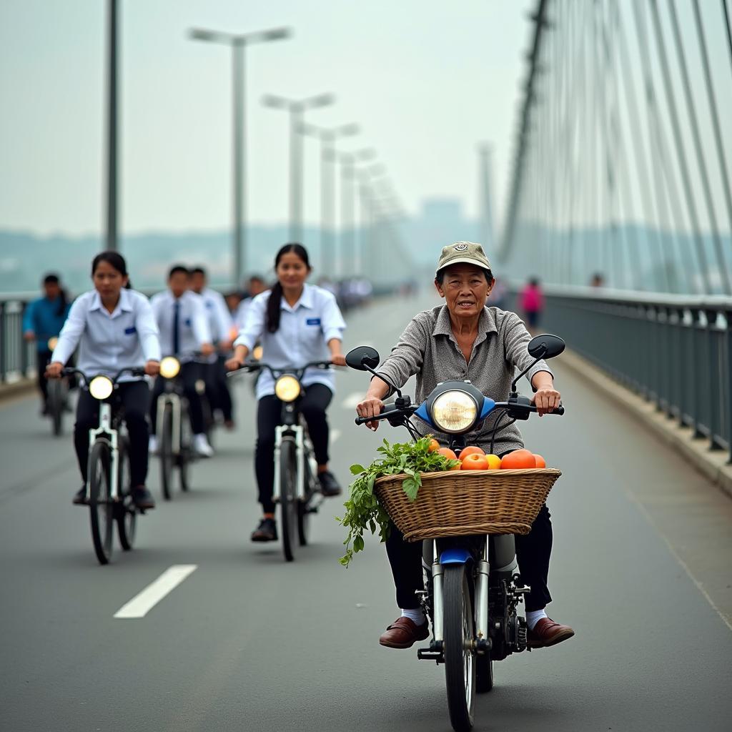 Hoạt động đi lại và giao thương của người dân địa phương trên Cầu Tiên Cựu, An Lão.