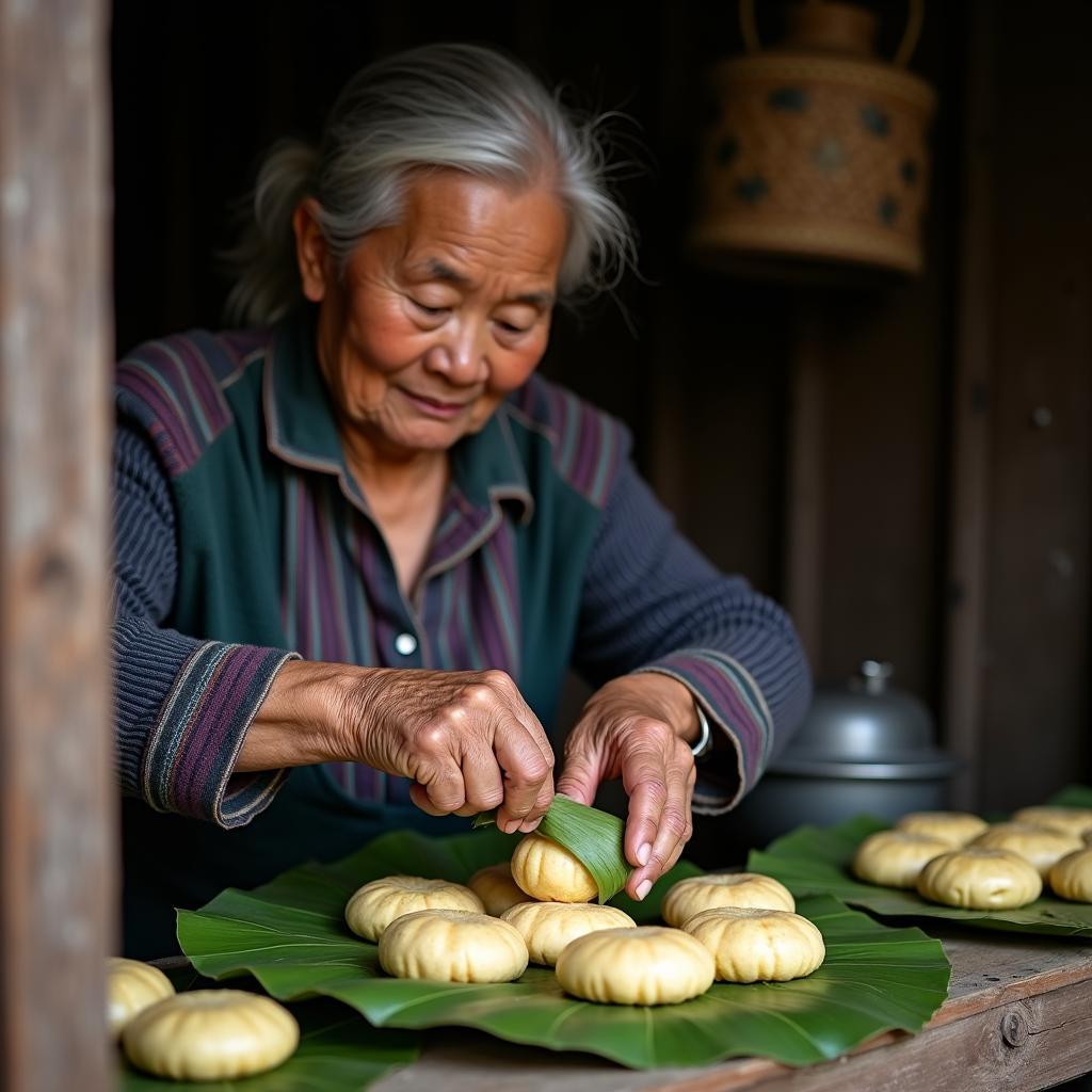 Hình ảnh cận cảnh đôi bàn tay khéo léo của một người phụ nữ lớn tuổi tại xã Phú Khê, tỉnh Phú Thọ đang gói những chiếc bánh tai truyền thống