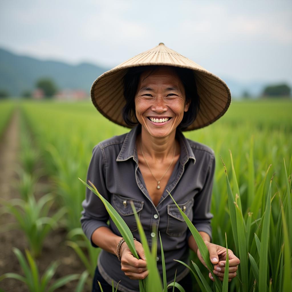 Hình ảnh người dân địa phương tại xã Liên Hòa, tỉnh Phú Thọ đang lao động trên cánh đồng, nụ cười hiền hậu