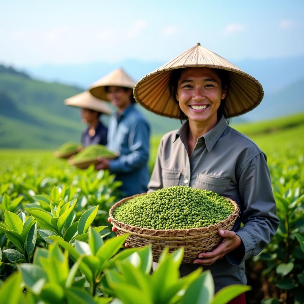 Người nông dân địa phương đang vui vẻ thu hoạch những búp chè tươi ngon trên đồi ở Cao Minh.