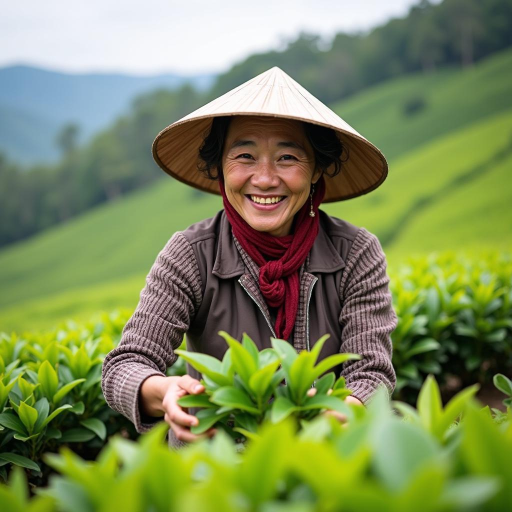 Hình ảnh một người phụ nữ địa phương với nụ cười thân thiện đang thu hoạch những búp chè tươi trên đồi ở xã Cao Sơn, tỉnh Phú Thọ. 