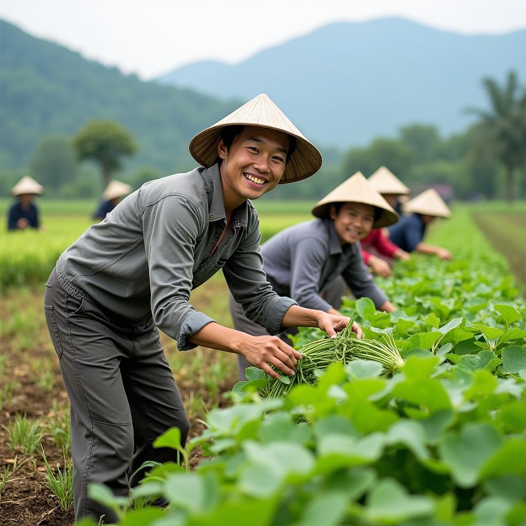 Người dân địa phương tại xã Tân Tiến, tỉnh Tuyên Quang đang vui vẻ thu hoạch nông sản trên cánh đồng