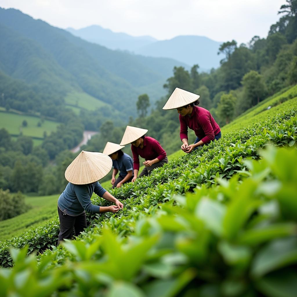 Người dân Xã La Bằng Tỉnh Thái Nguyên đang thu hoạch chè trên đồi