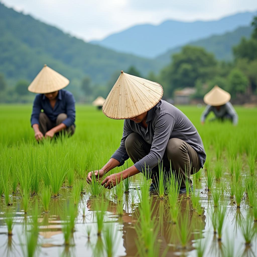 Người dân Xã Ngọc Hội đang làm công việc đồng áng trên cánh đồng lúa.