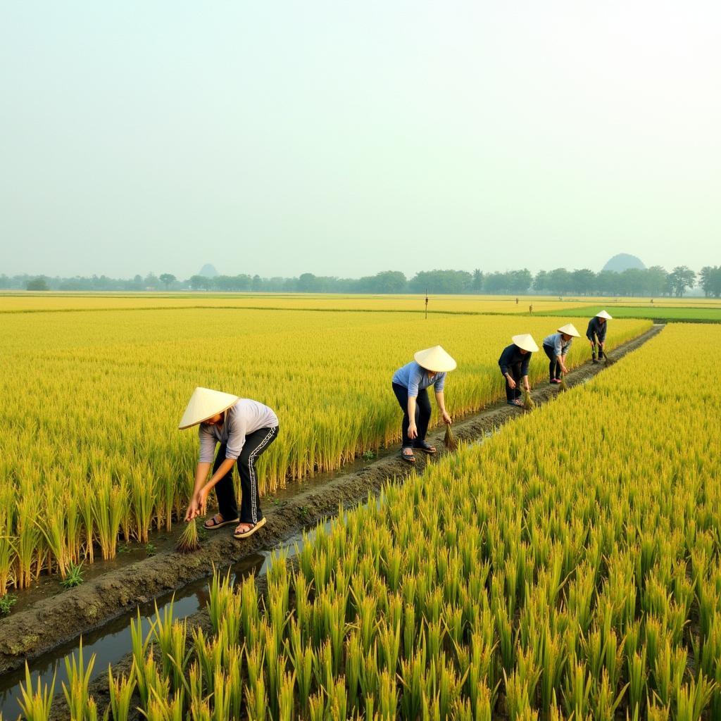 Nguoi dan lam dong tren canh dong lua tai xa Hong Van Lien, Thuong Tin, the hien cuoc song nong nghiep