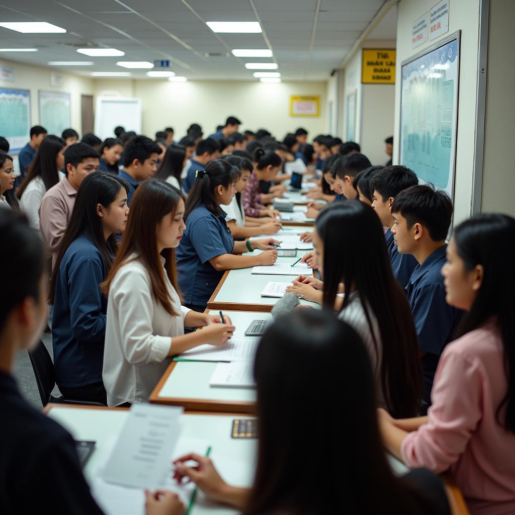 Người lao động đang làm thủ tục hưởng bảo hiểm thất nghiệp tại Trung tâm Giới thiệu Việc làm Hà Đông.