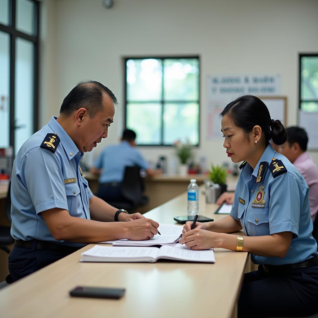 Người dân đang được cán bộ Công an phường Dương Nội hướng dẫn làm thủ tục hành chính.