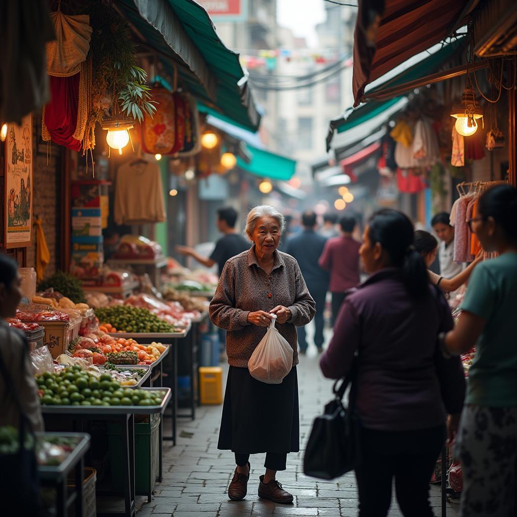 Khung cảnh người dân mua sắm tấp nập tại Chợ Đông Dinh, Long Biên, Hà Nội.