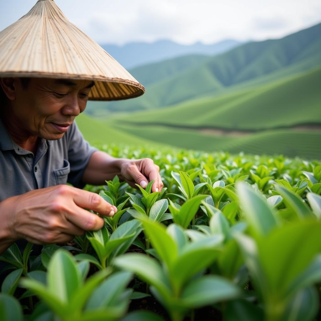 Người nông dân xã Tân Khánh đang cần mẫn thu hoạch những búp chè tươi ngon trên đồi chè Thái Nguyên