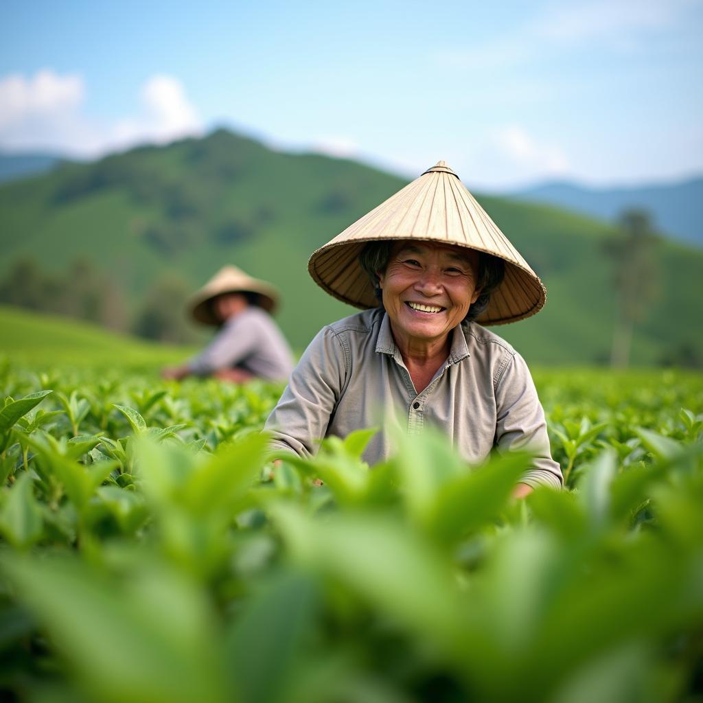Người dân địa phương xã Tây Cốc, Phú Thọ thân thiện đang thu hoạch chè trên nương.