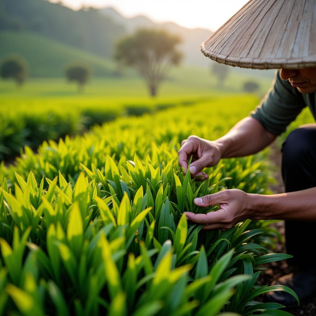 Người nông dân địa phương đang cẩn thận thu hái những búp chè non tại Xã Phú Thịnh