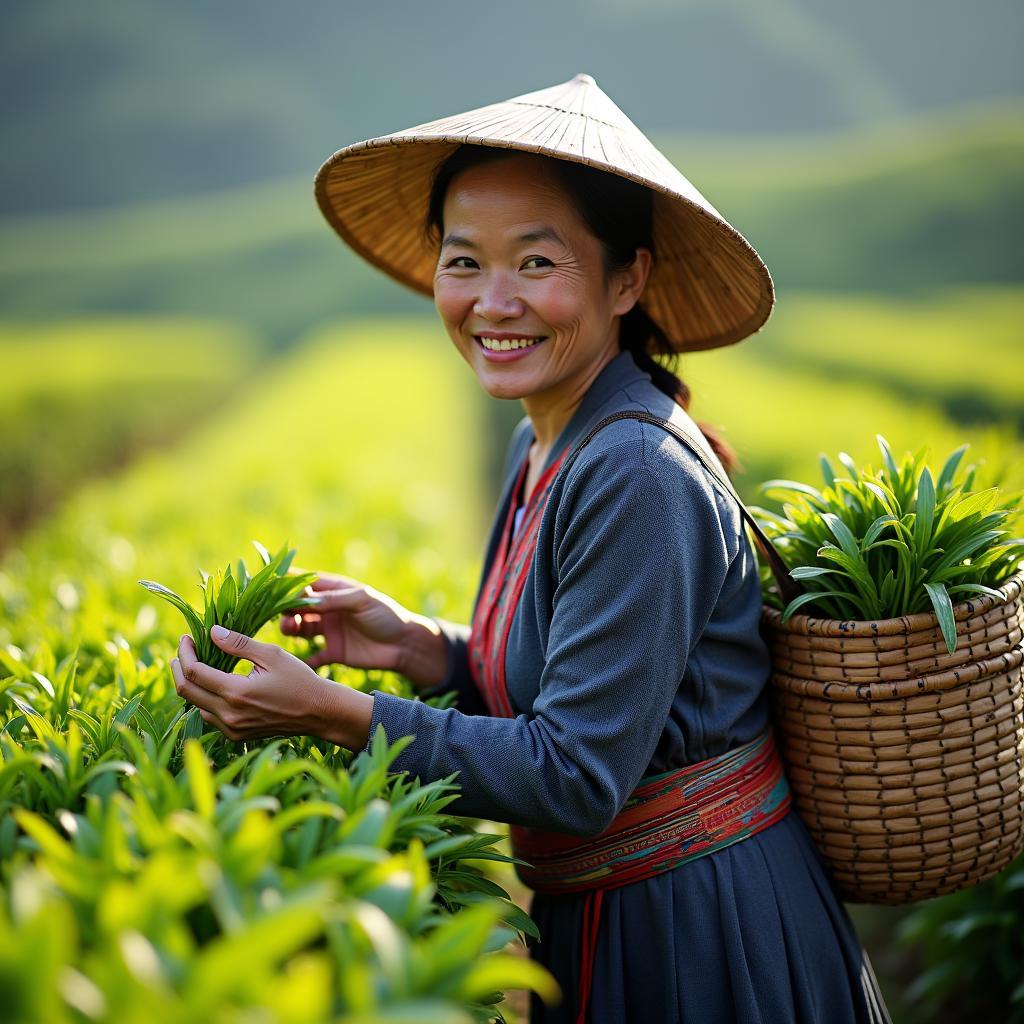Người dân địa phương, chủ yếu là người dân tộc Mường, đang thu hoạch chè tươi