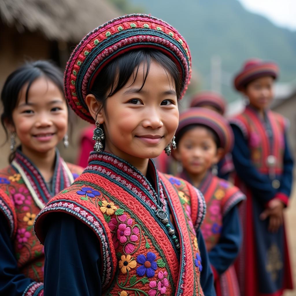 Nguoi dan toc Dao hoac H'Mong trong trang phuc truyen thong tai ban lang Ta Cu Ty