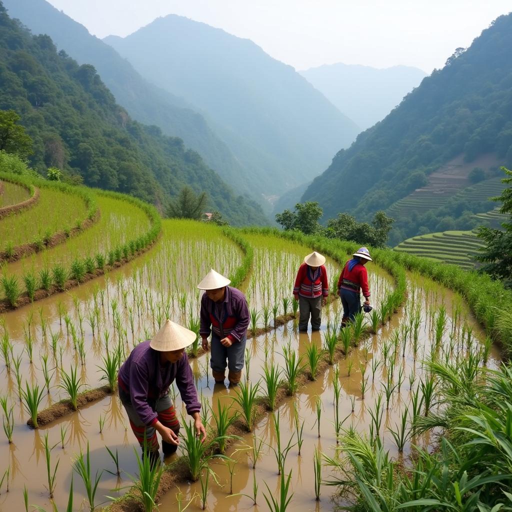 Hinh anh nguoi dan toc thieu so o phuoc thanh lam nong nghiep tren nuong ray hoac ruong bac thang.