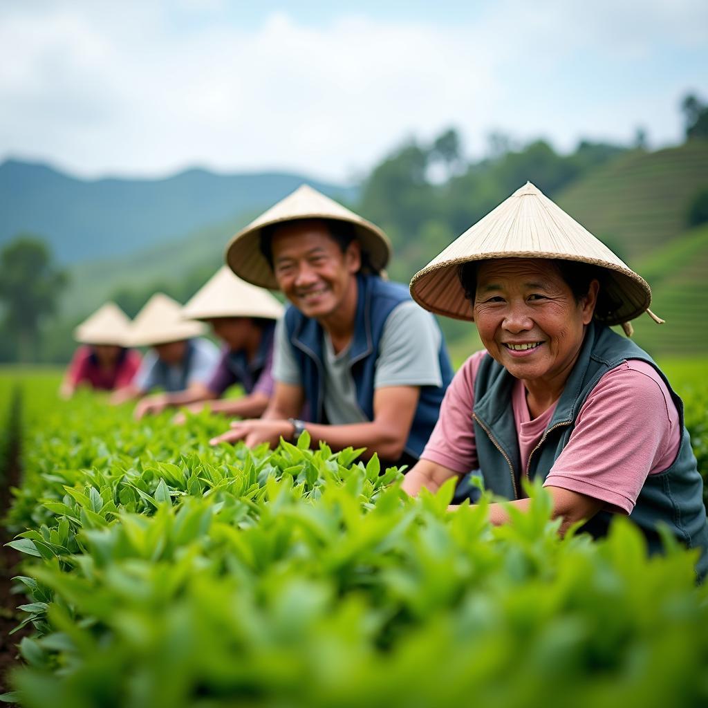 Hình ảnh người dân xã Phổ Thông, Thái Nguyên đang thu hoạch chè trên nương đồi xanh mướt.