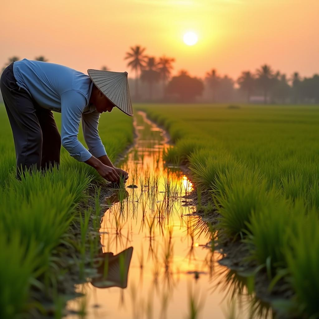 Hình ảnh một người nông dân địa phương đang cần mẫn làm việc trên cánh đồng lúa tại xã Đông Thành, tỉnh Phú Thọ.