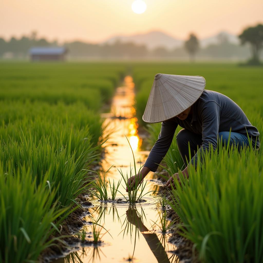 Hình ảnh người nông dân Xã Tuấn Đạo cần mẫn làm việc trên cánh đồng lúa nước trù phú.