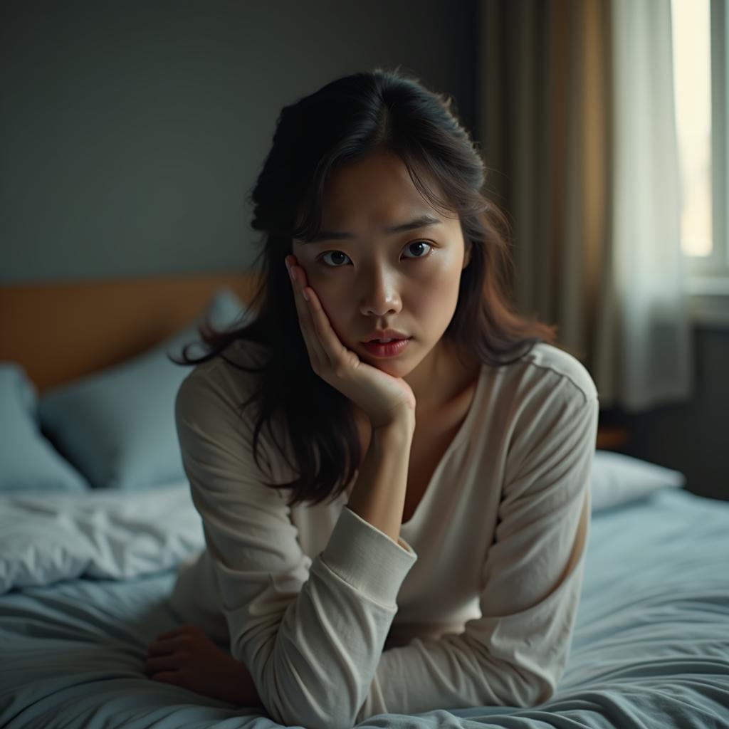 Hình ảnh một người phụ nữ ngồi trên giường, nét mặt trầm tư lo lắng sau khi mơ thấy chồng có bồ, phản ánh nỗi bất an sâu sắc trong tâm lý.