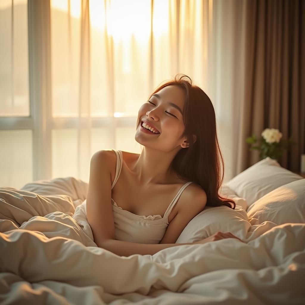 Một người phụ nữ mỉm cười thanh thản sau khi tỉnh giấc từ giấc mơ thấy nhặt được vàng, ánh nắng ban mai chiếu vào phòng