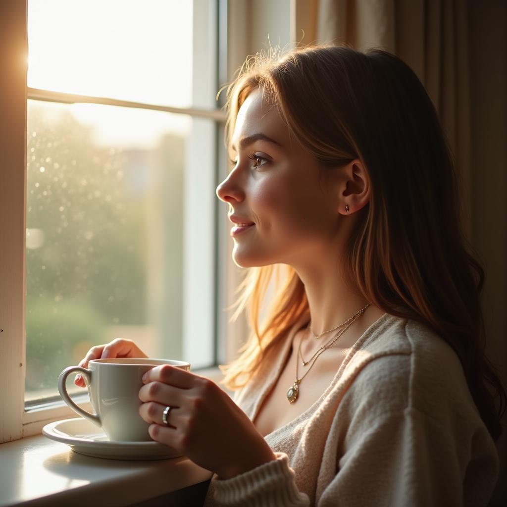 Một người phụ nữ trẻ đang nhìn ra ngoài cửa sổ vào một buổi sáng trong lành, tay cầm một tách trà, gương mặt thể hiện sự bình yên và hy vọng sau khi vượt qua nỗi buồn.