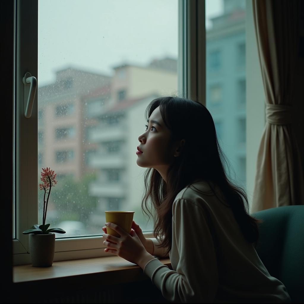 Hình ảnh người phụ nữ đang suy tư về cách giảm tổn thương khi chia tay bạn bè, nhìn ra ngoài cửa sổ với tâm trạng trầm lắng nhưng bình yên.