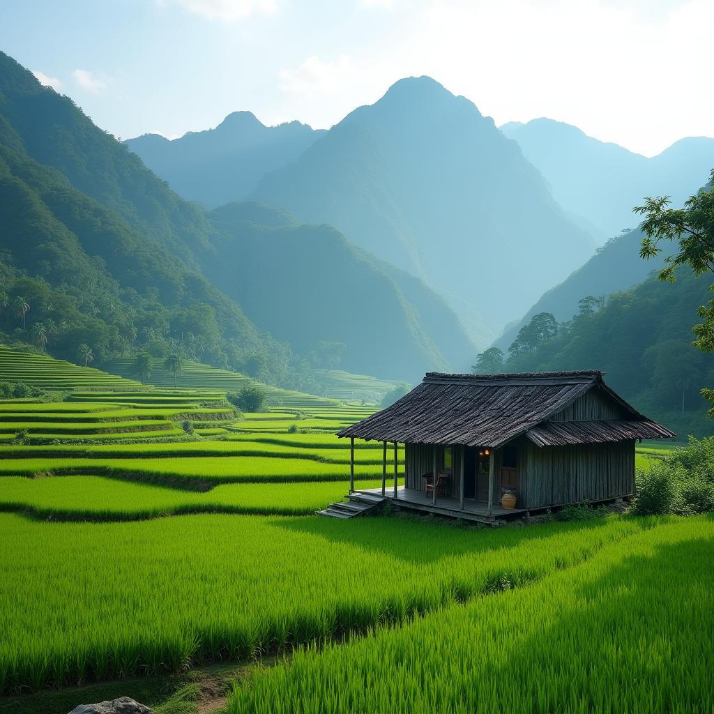 Ngôi nhà sàn truyền thống của người Tày ở Tràng Xá, Thái Nguyên, nằm yên bình giữa khung cảnh núi rừng và ruộng bậc thang xanh mướt.